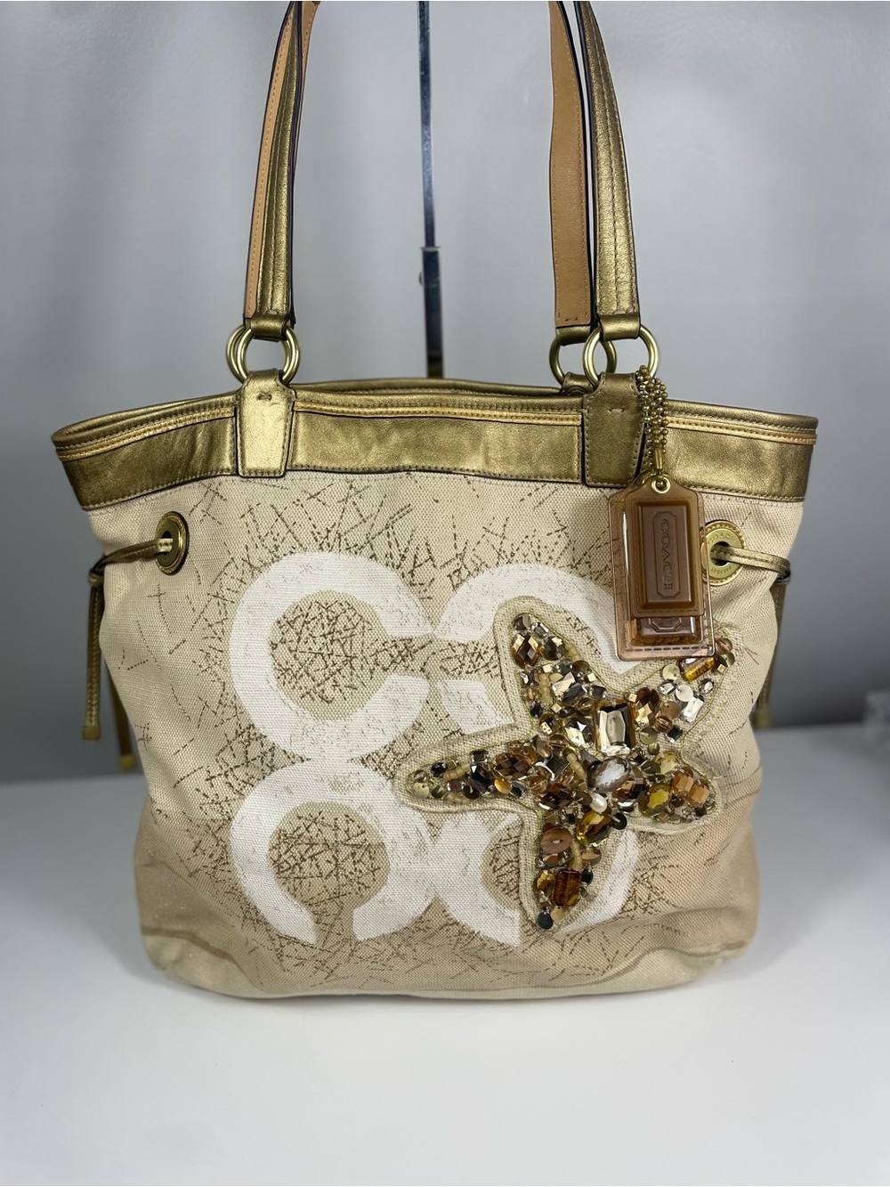 Authentic Coach Audrey Limited Ed. Gold Canvas And Leather Jeweled Starfish Tote